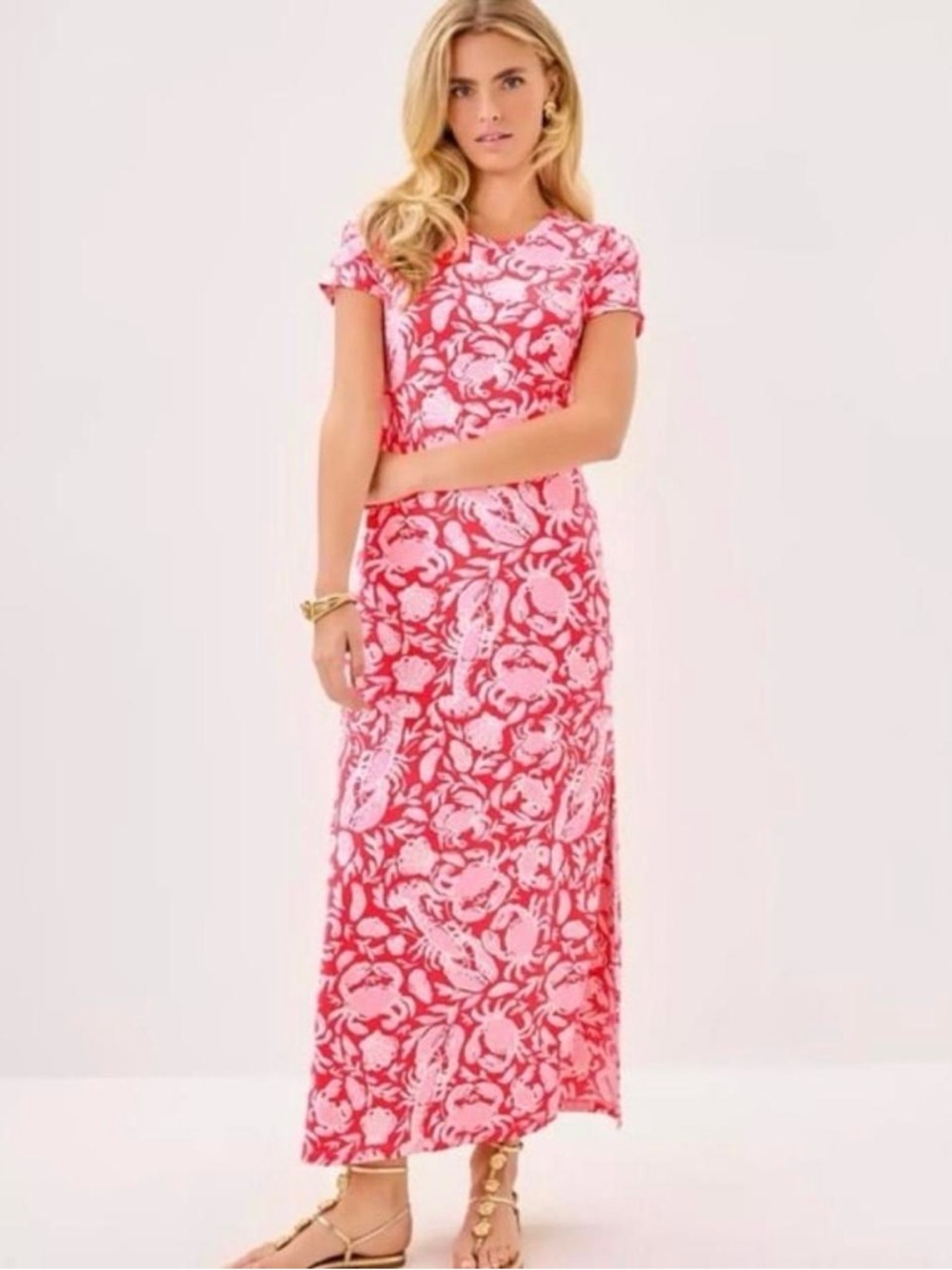 Lilly Pulitzer Pink and Coral Floral Short Sleeve Maxi Dress